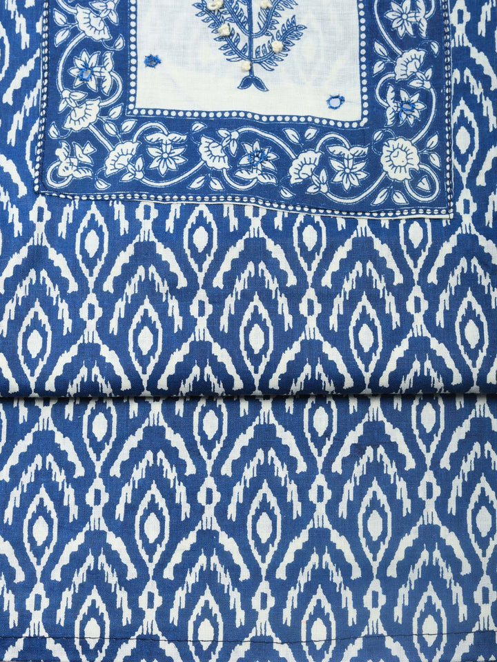 Blue Printed Cotton Blend Unstitched Dress Material