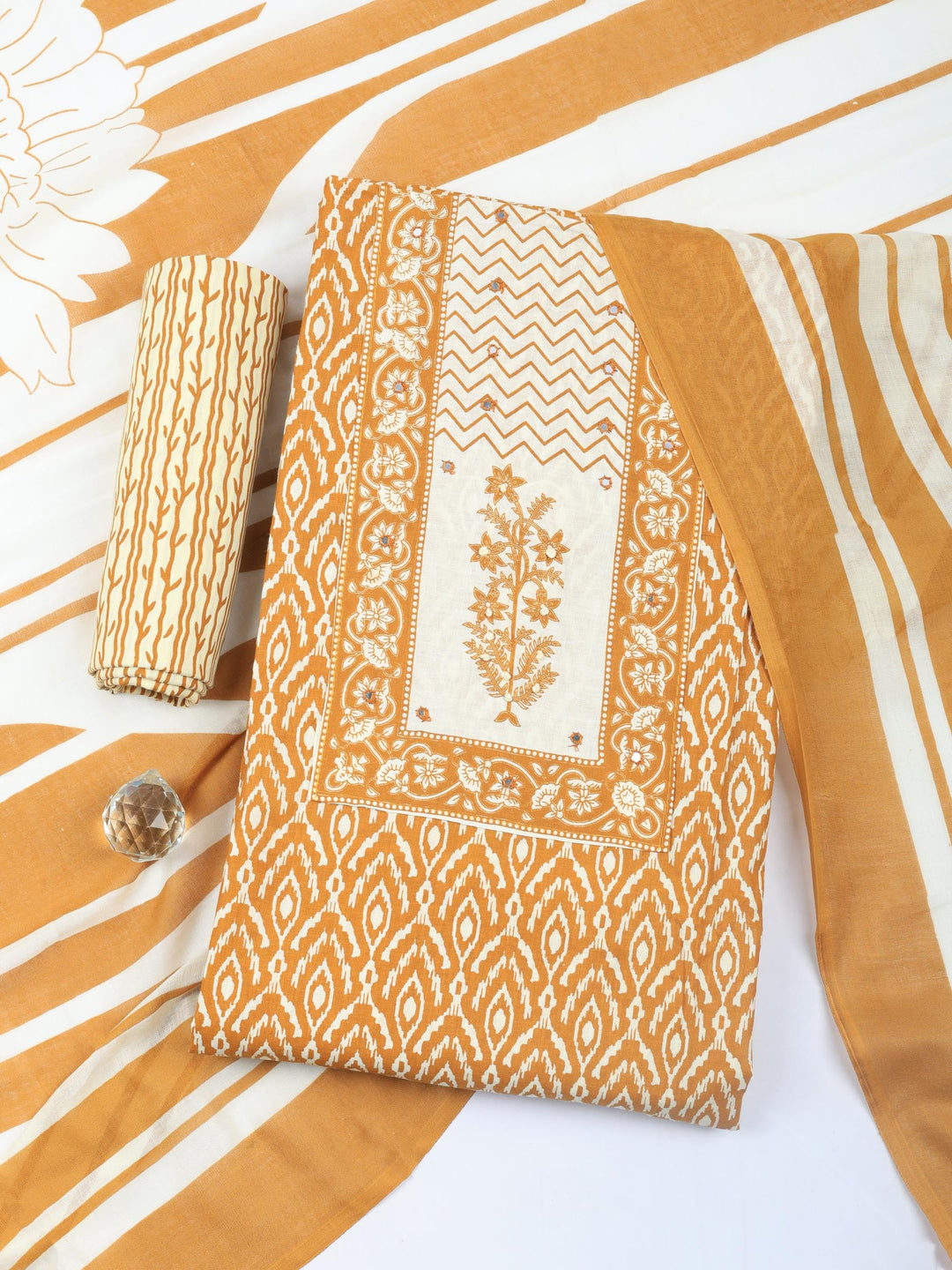 Brown Printed Cotton Blend Unstitched Dress Material