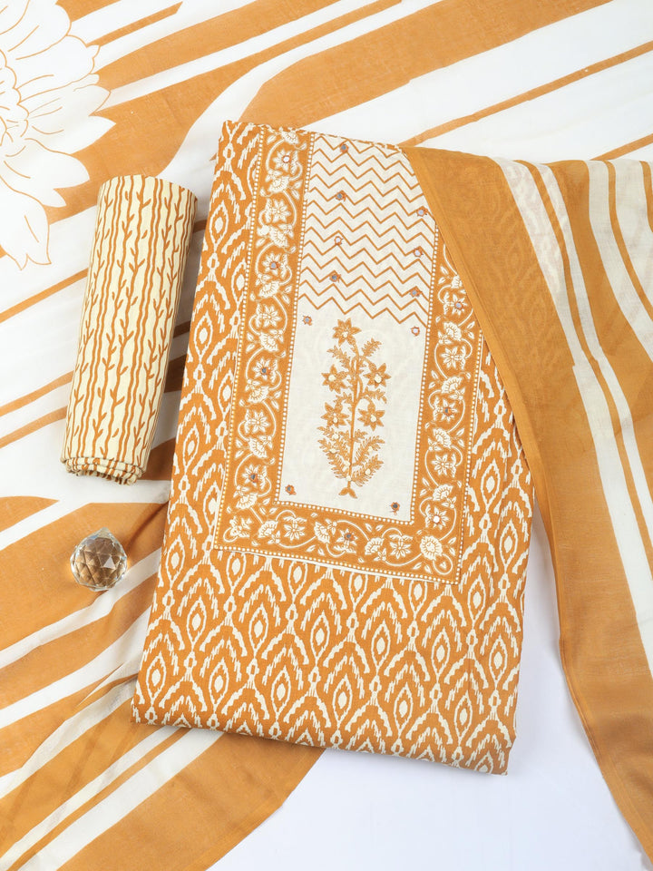 Brown Printed Cotton Blend Unstitched Dress Material