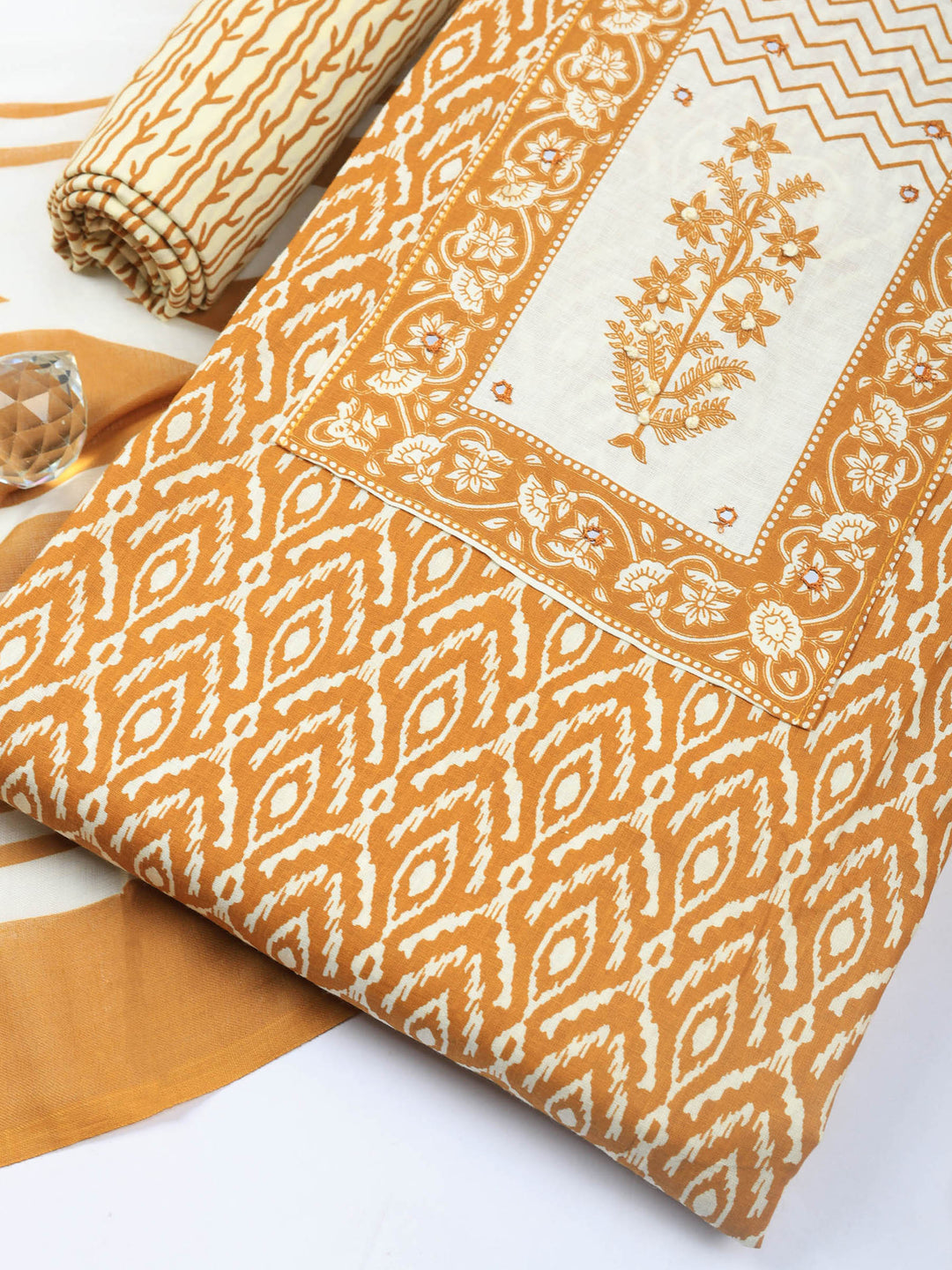 Brown Printed Cotton Blend Unstitched Dress Material