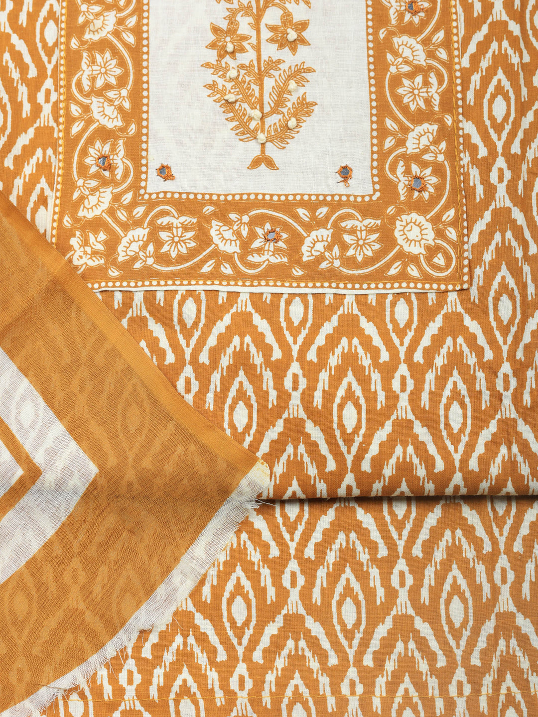 Brown Printed Cotton Blend Unstitched Dress Material