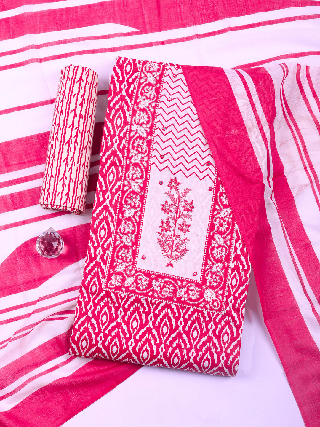 Pink Printed Cotton Blend Unstitched Dress Material