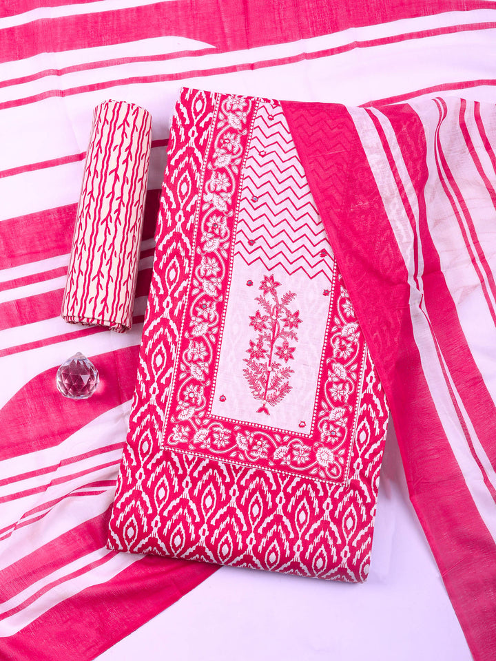 Pink Printed Cotton Blend Unstitched Dress Material