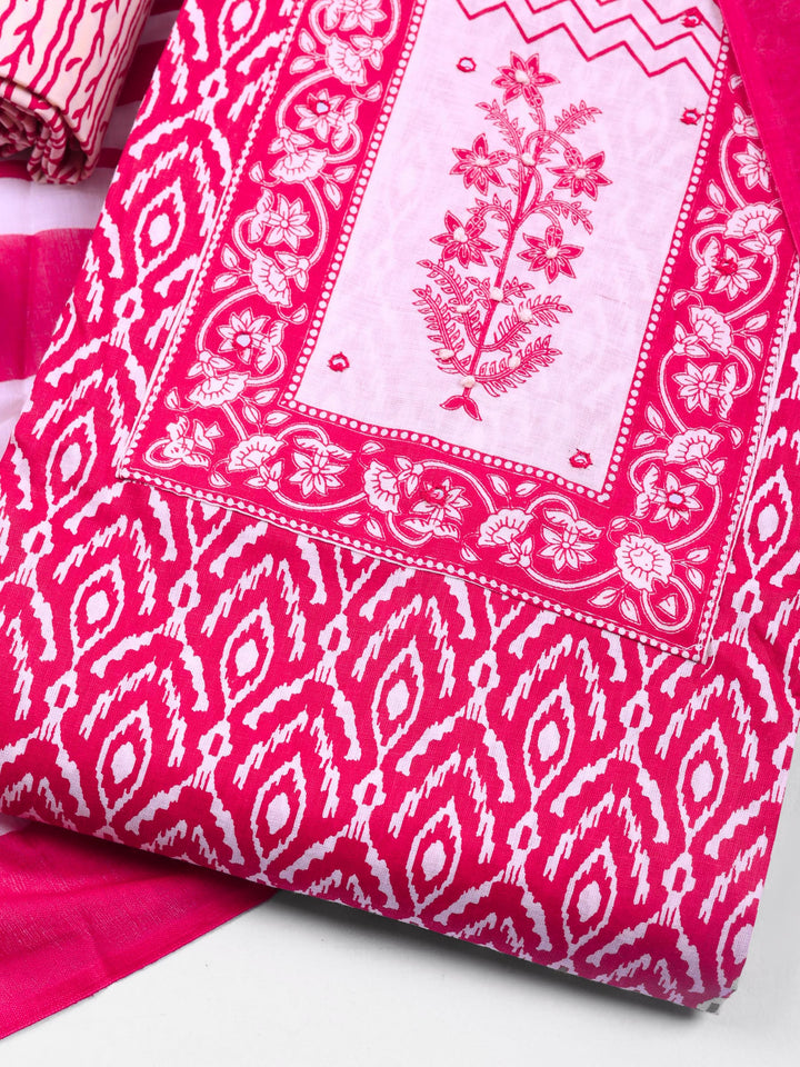 Pink Printed Cotton Blend Unstitched Dress Material