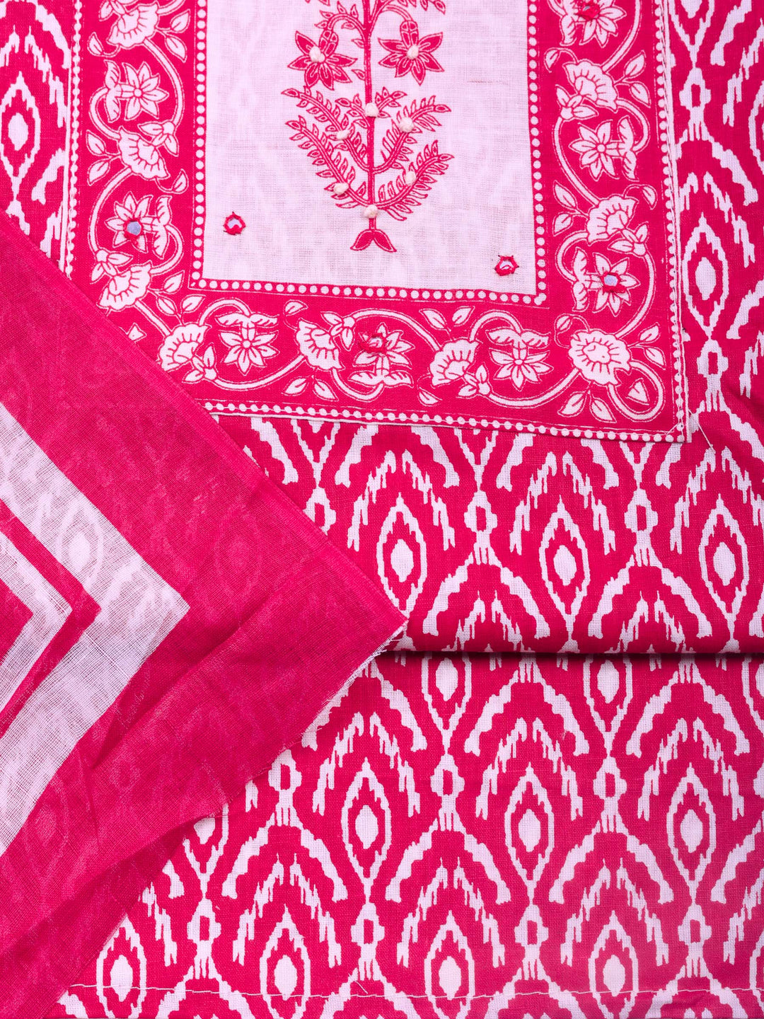 Pink Printed Cotton Blend Unstitched Dress Material