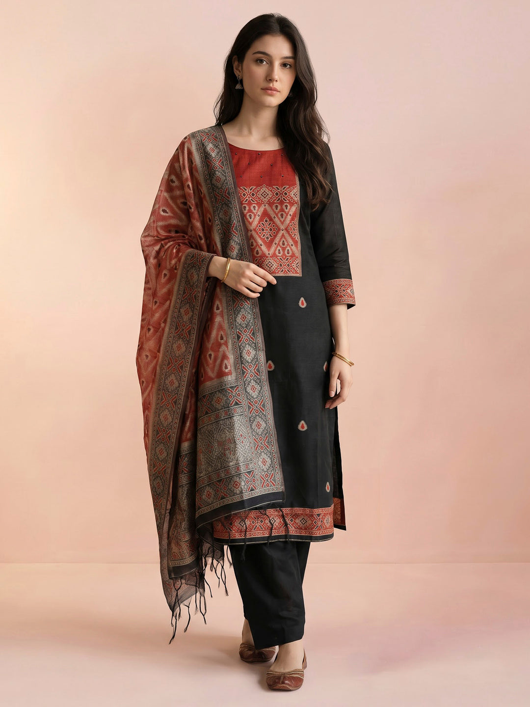 Black Chanderi Woven Unstitched Dress Material