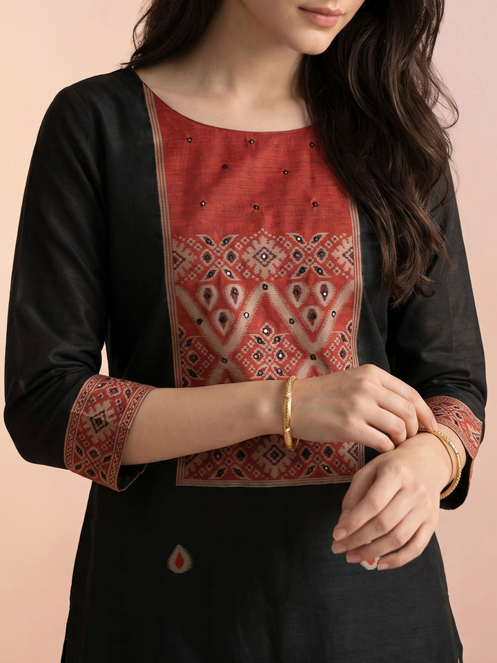 Black Chanderi Woven Unstitched Dress Material