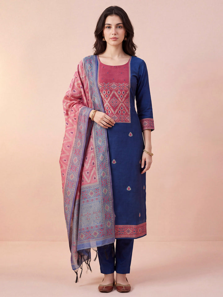 Blue Chanderi Woven Unstitched Dress Material