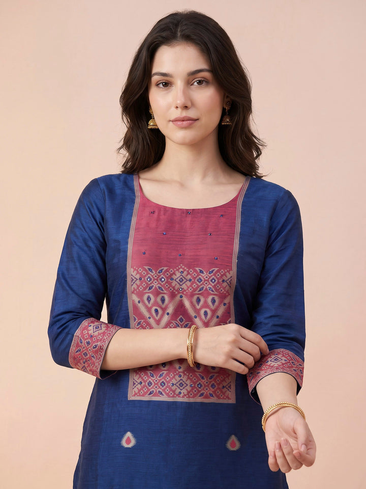 Blue Chanderi Woven Unstitched Dress Material