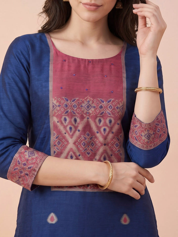 Blue Chanderi Woven Unstitched Dress Material