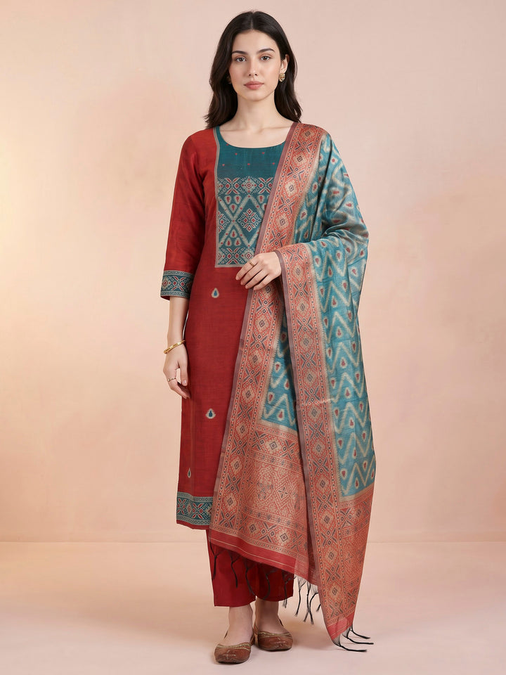 Red Chanderi Woven Unstitched Dress Material