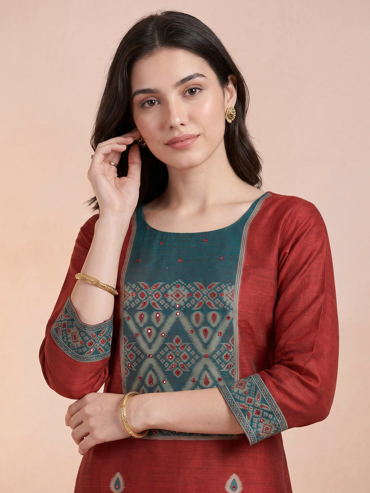 Red Chanderi Woven Unstitched Dress Material