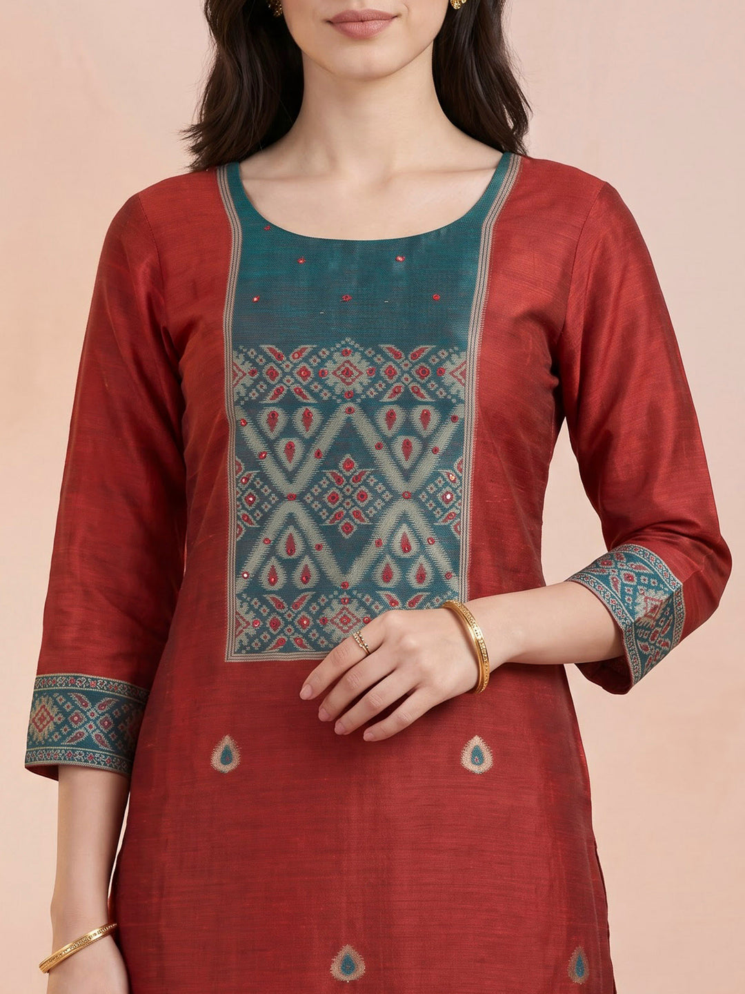Red Chanderi Woven Unstitched Dress Material