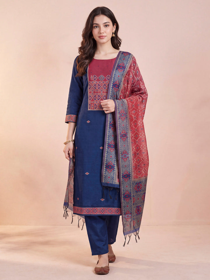 Blue Art Silk Woven Unstitched Dress Material