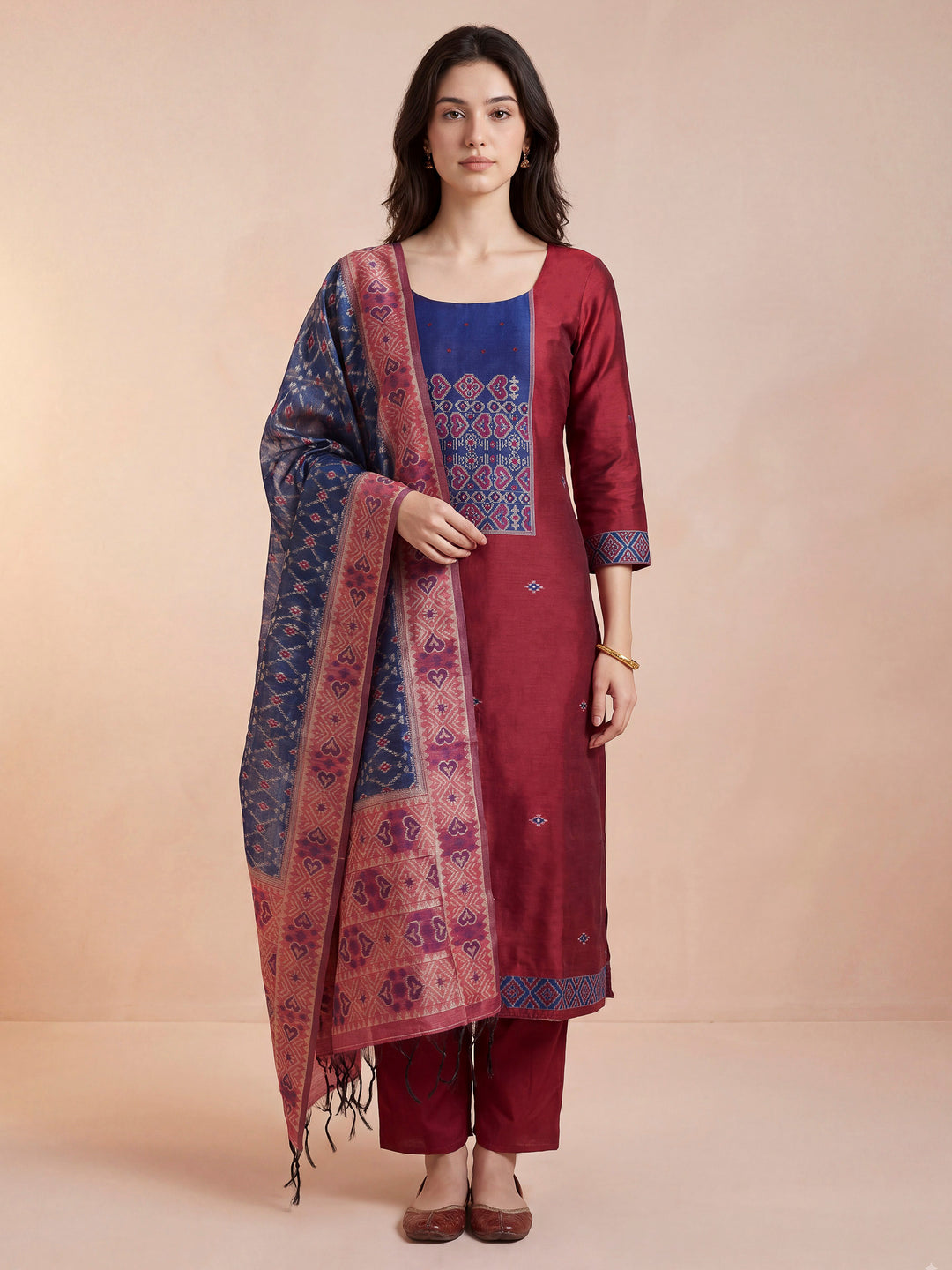 Magenta Art Silk Woven Unstitched Dress Material