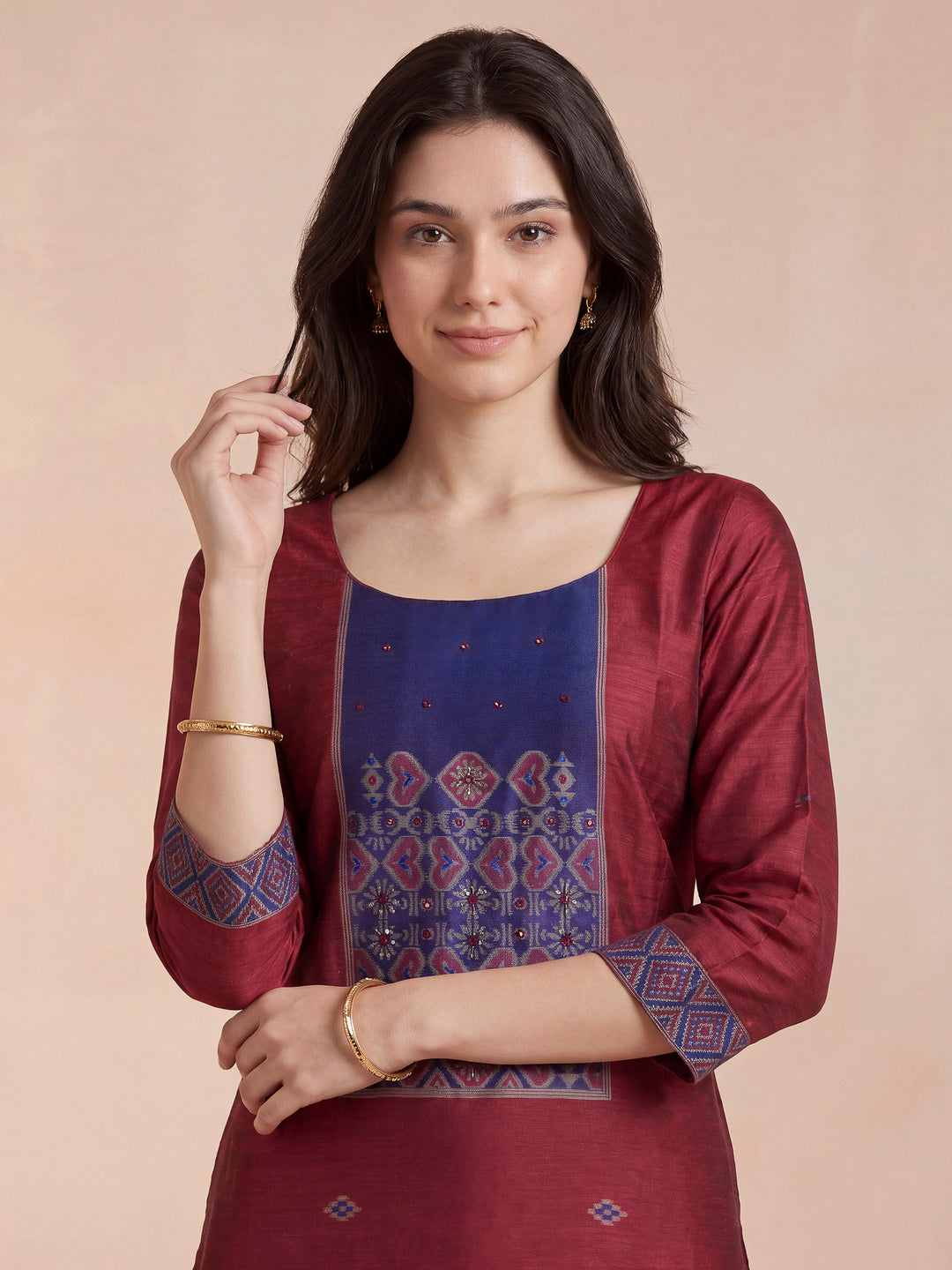 Magenta Art Silk Woven Unstitched Dress Material