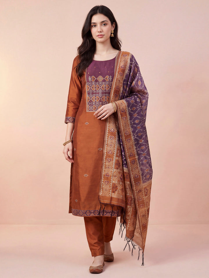 Rust Art Silk Woven Unstitched Dress Material