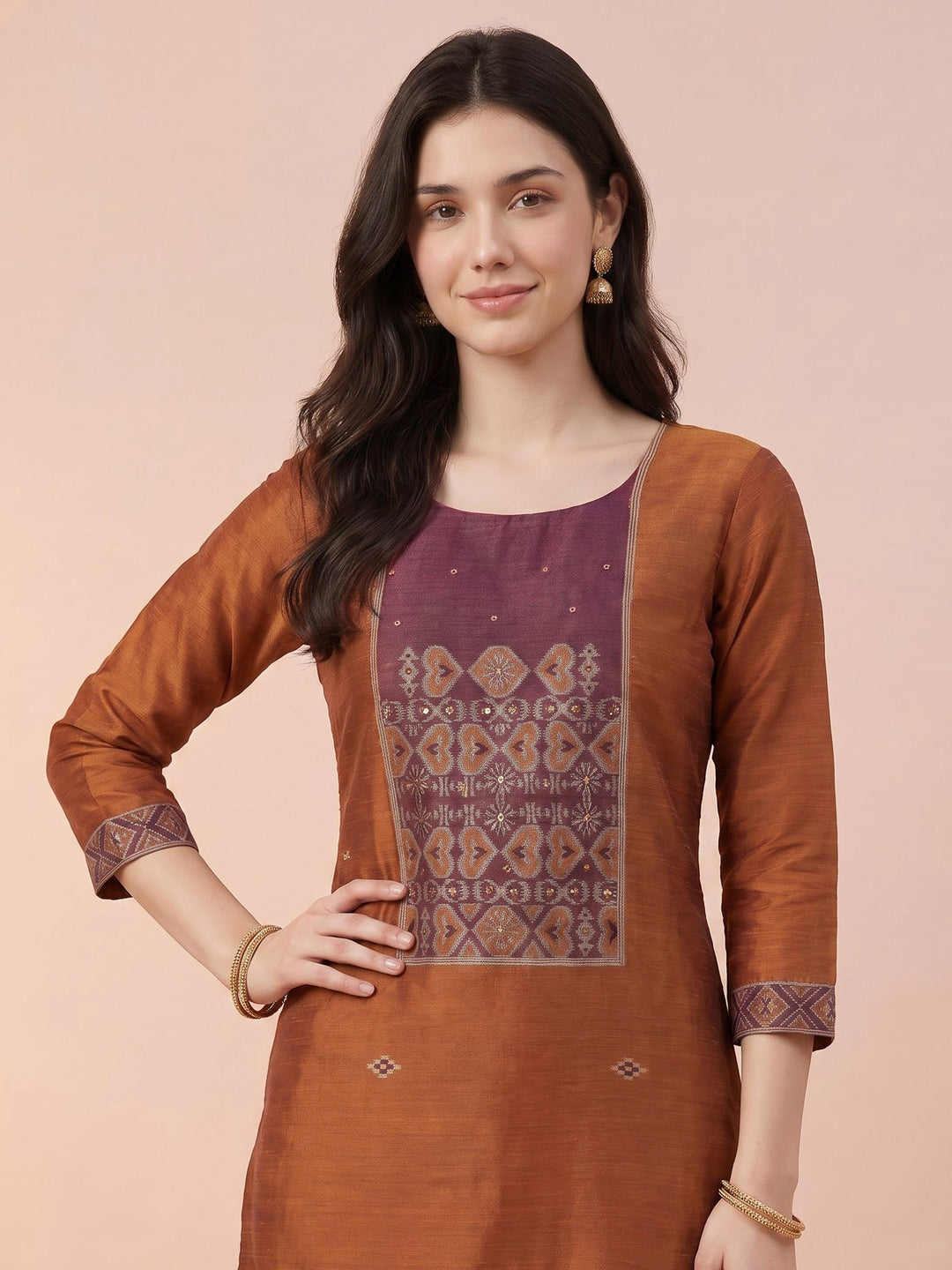 Rust Art Silk Woven Unstitched Dress Material