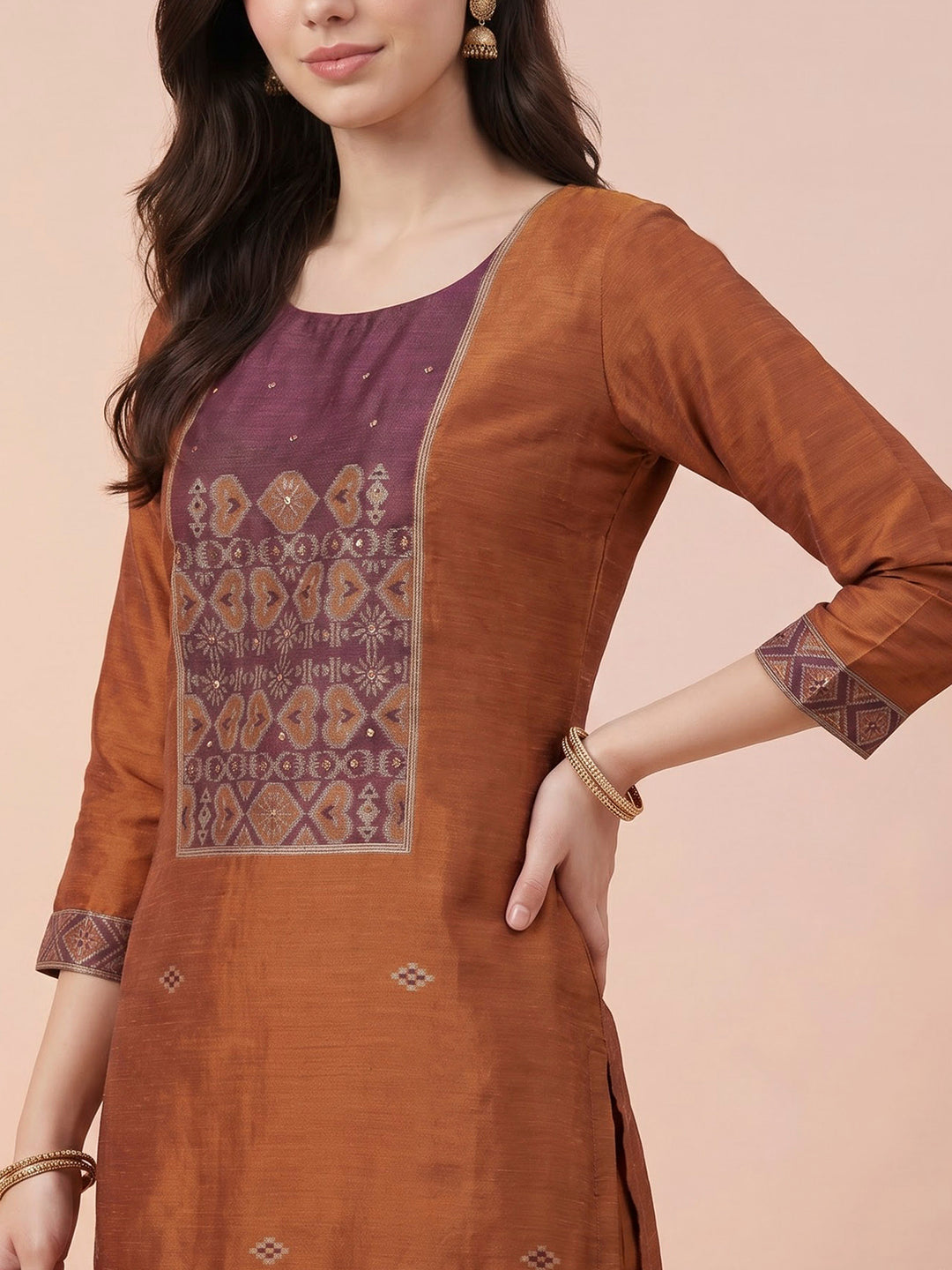 Rust Art Silk Woven Unstitched Dress Material
