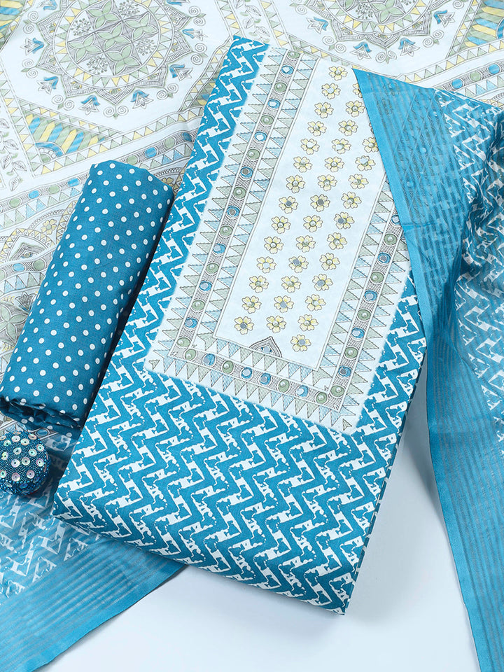 Blue Printed Cotton Blend Unstitched Suit &amp; Pant With Cotton Dupatta