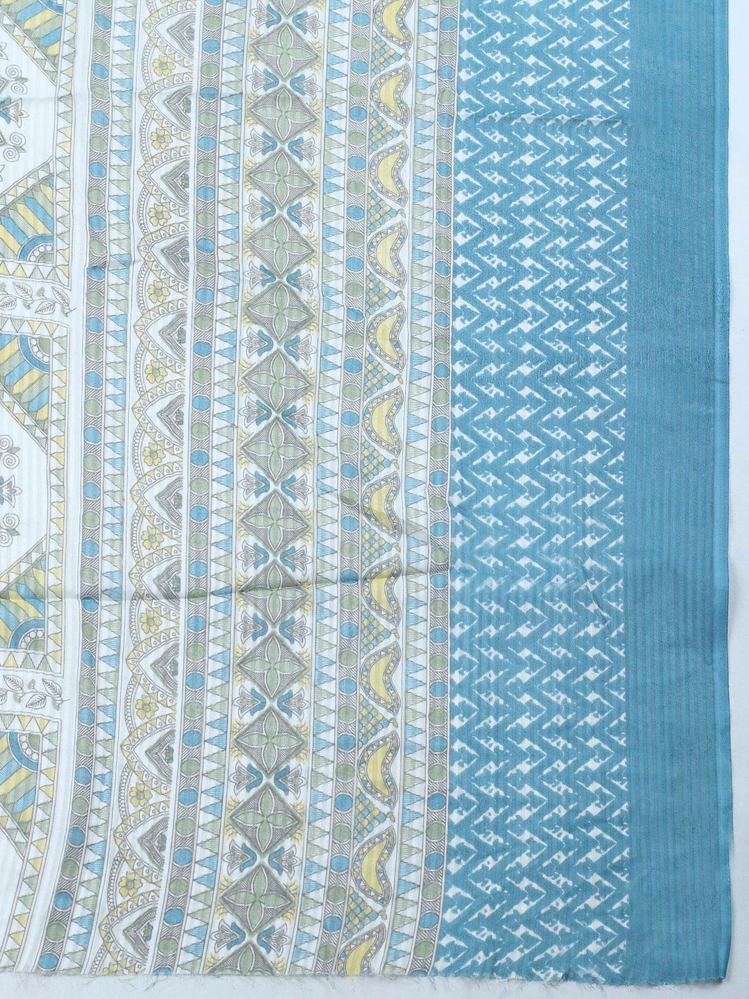 Blue Printed Cotton Blend Unstitched Suit &amp; Pant With Cotton Dupatta
