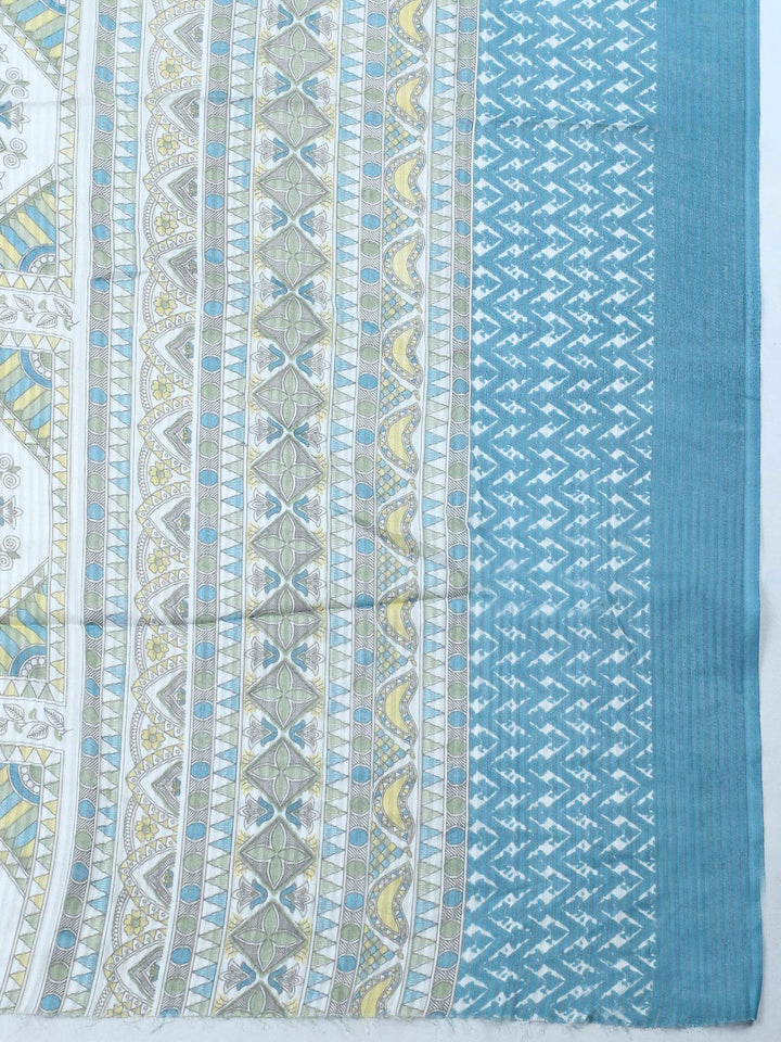 Blue Printed Cotton Blend Unstitched Suit &amp; Pant With Cotton Dupatta