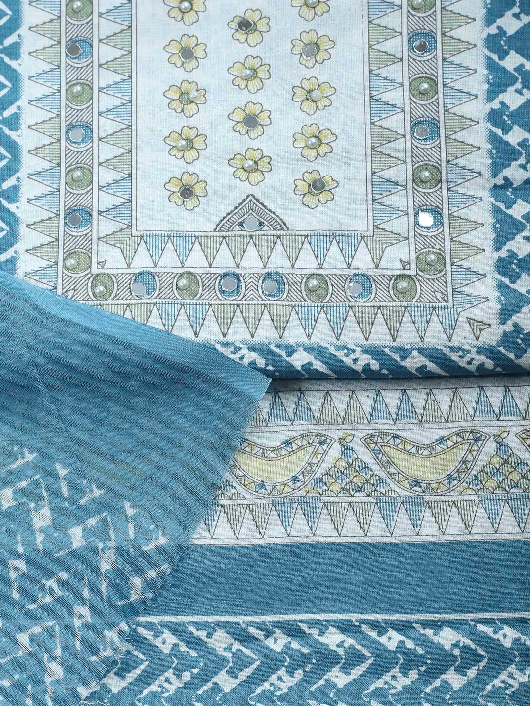 Blue Printed Cotton Blend Unstitched Suit &amp; Pant With Cotton Dupatta