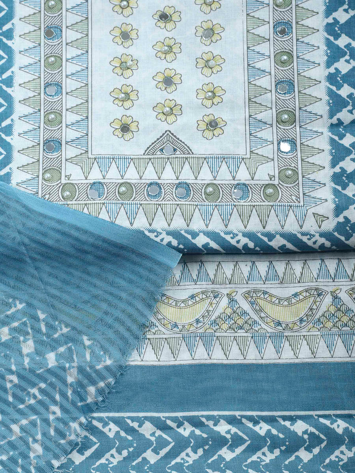 Blue Printed Cotton Blend Unstitched Suit &amp; Pant With Cotton Dupatta