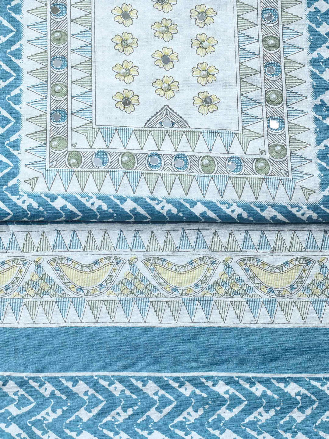 Blue Printed Cotton Blend Unstitched Suit &amp; Pant With Cotton Dupatta