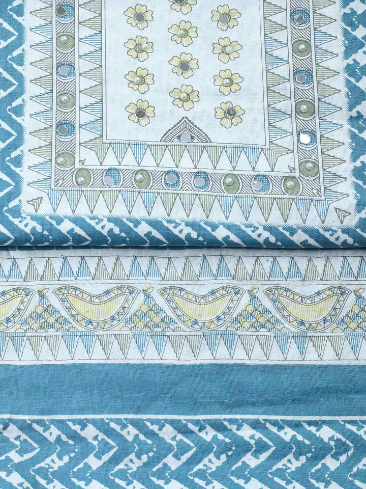 Blue Printed Cotton Blend Unstitched Suit &amp; Pant With Cotton Dupatta