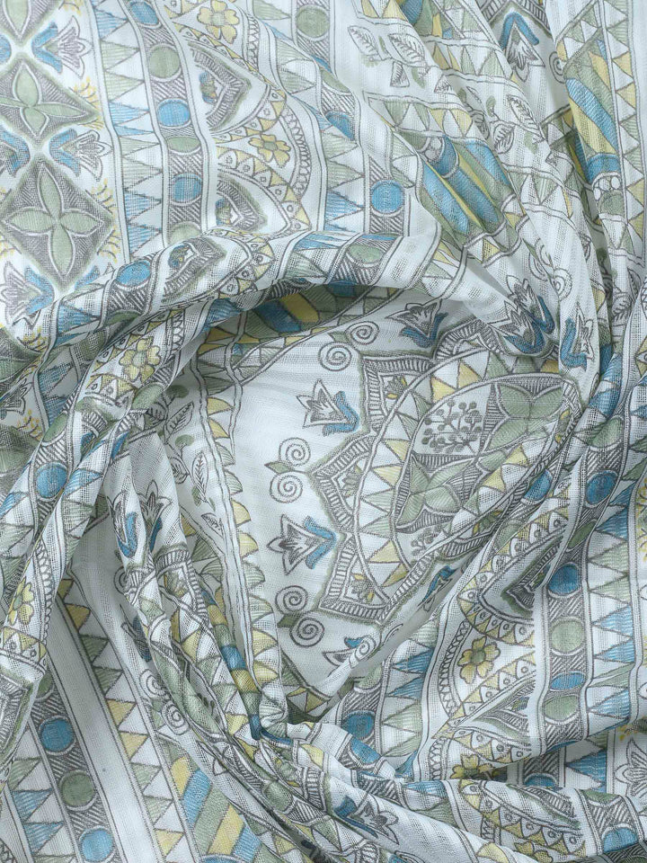 Blue Printed Cotton Blend Unstitched Suit &amp; Pant With Cotton Dupatta