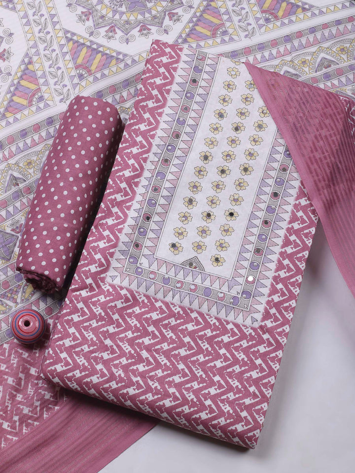 Onion Pink Printed Cotton Blend Unstitched Dress Material