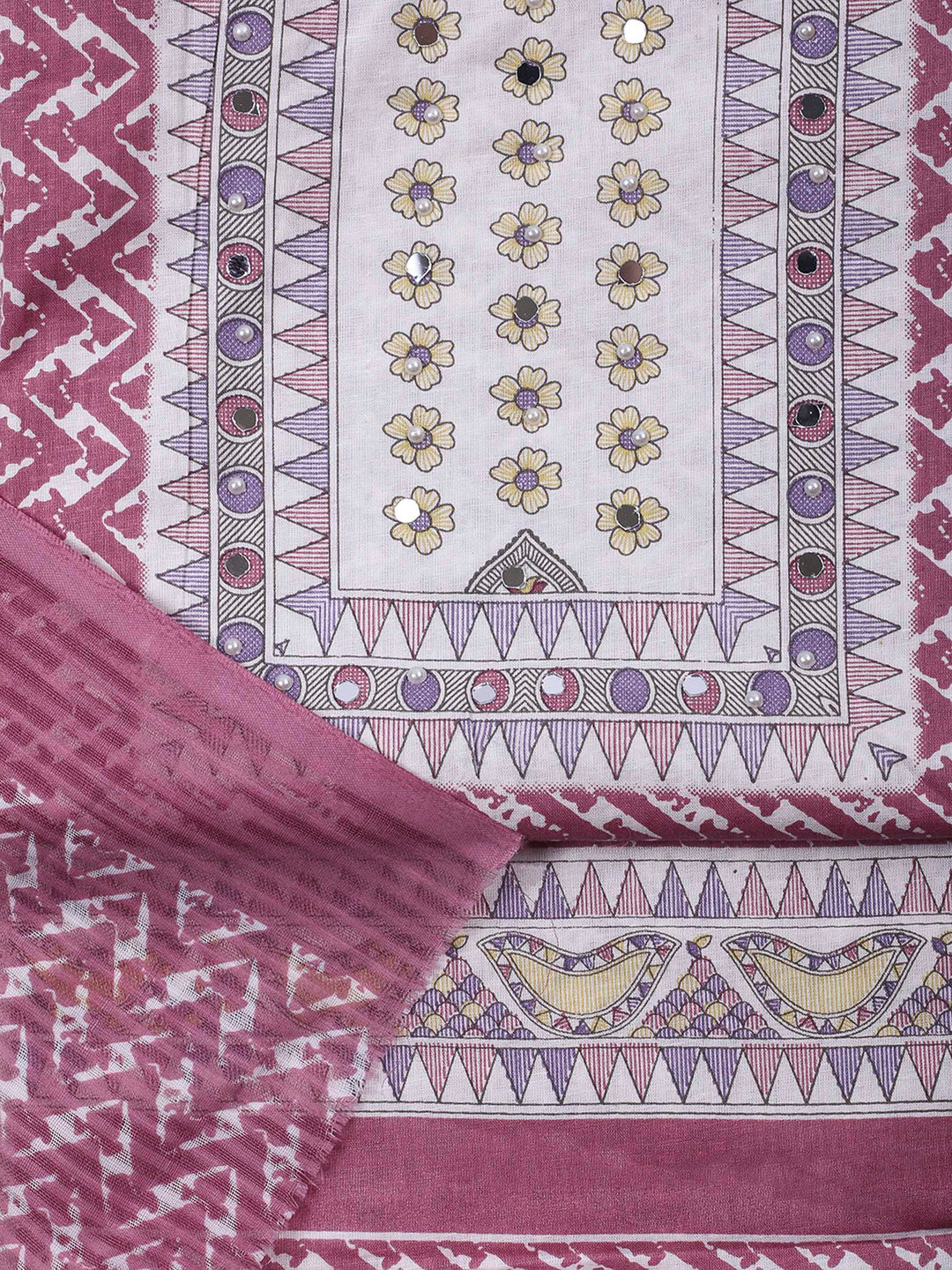 Onion Pink Printed Cotton Blend Unstitched Dress Material