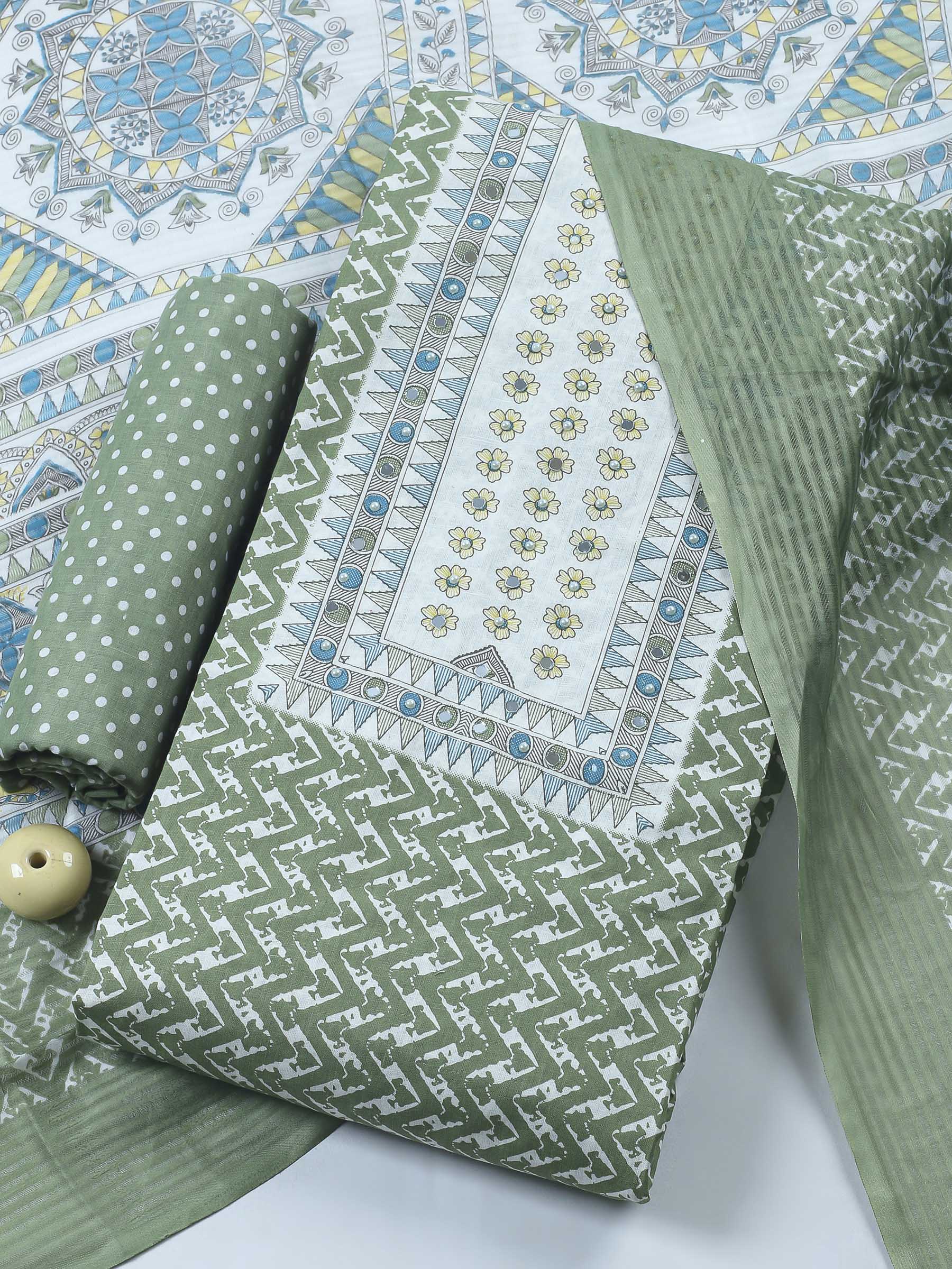 Pista Green Printed Cotton Blend Unstitched Suit & Pant With Cotton Du ...