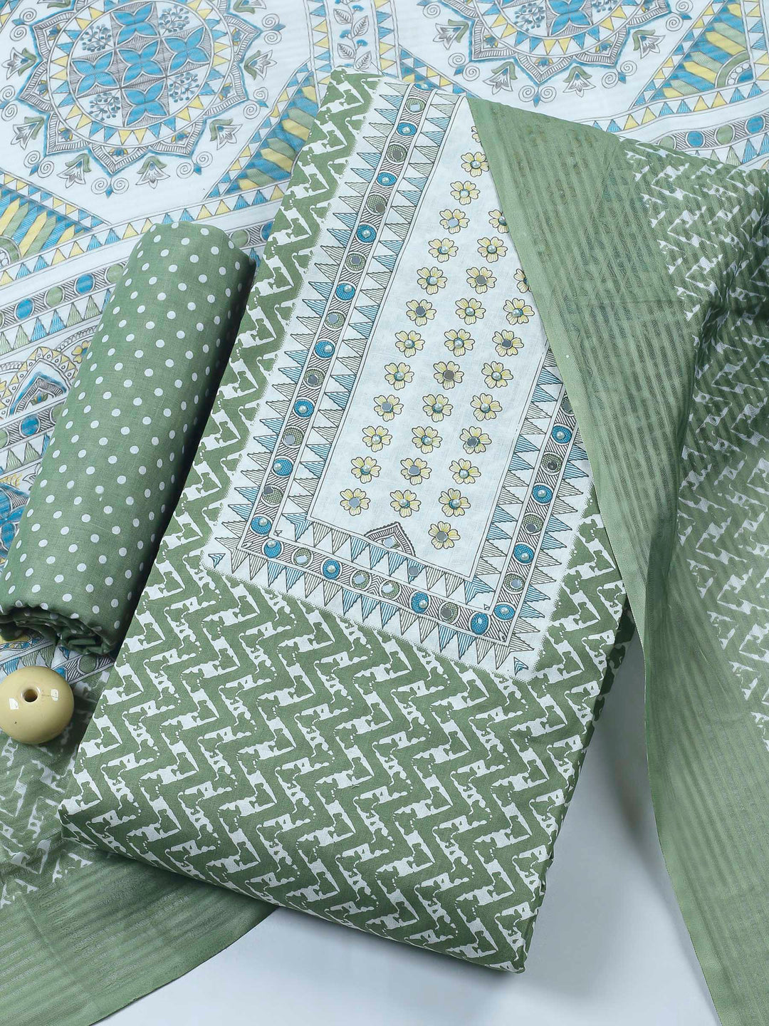 Pista Green Printed Cotton Blend Unstitched Suit &amp; Pant With Cotton Dupatta