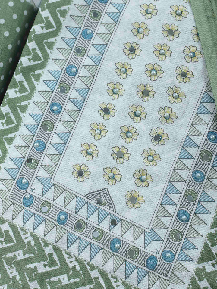 Pista Green Printed Cotton Blend Unstitched Suit &amp; Pant With Cotton Dupatta