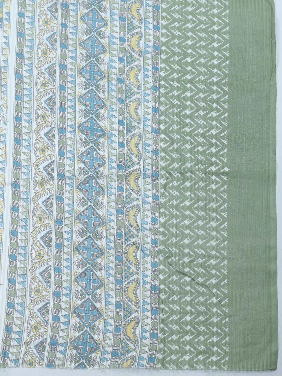 Pista Green Printed Cotton Blend Unstitched Suit &amp; Pant With Cotton Dupatta