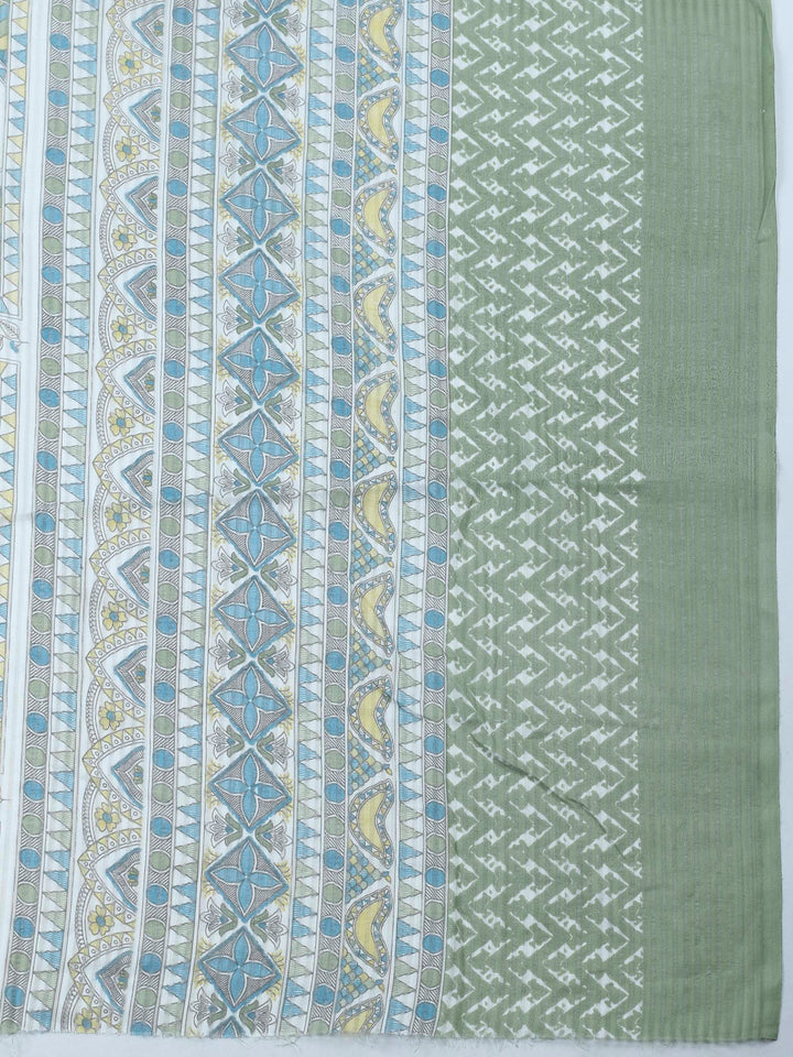 Pista Green Printed Cotton Blend Unstitched Suit &amp; Pant With Cotton Dupatta