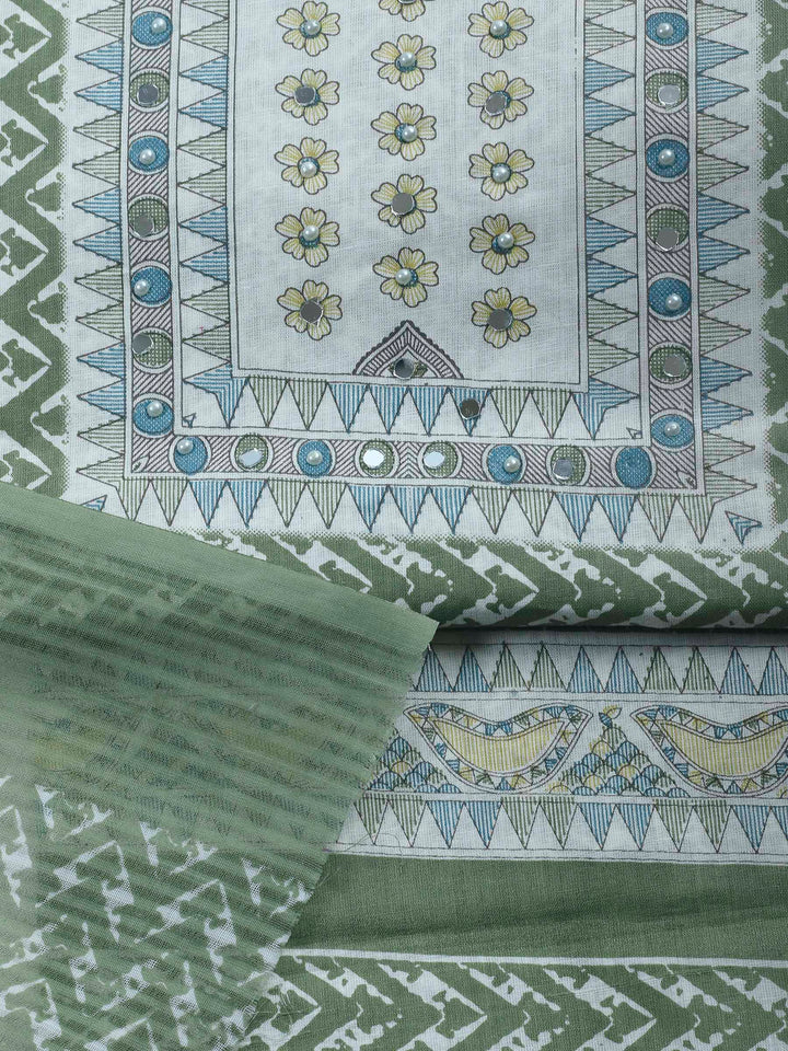 Pista Green Printed Cotton Blend Unstitched Suit &amp; Pant With Cotton Dupatta