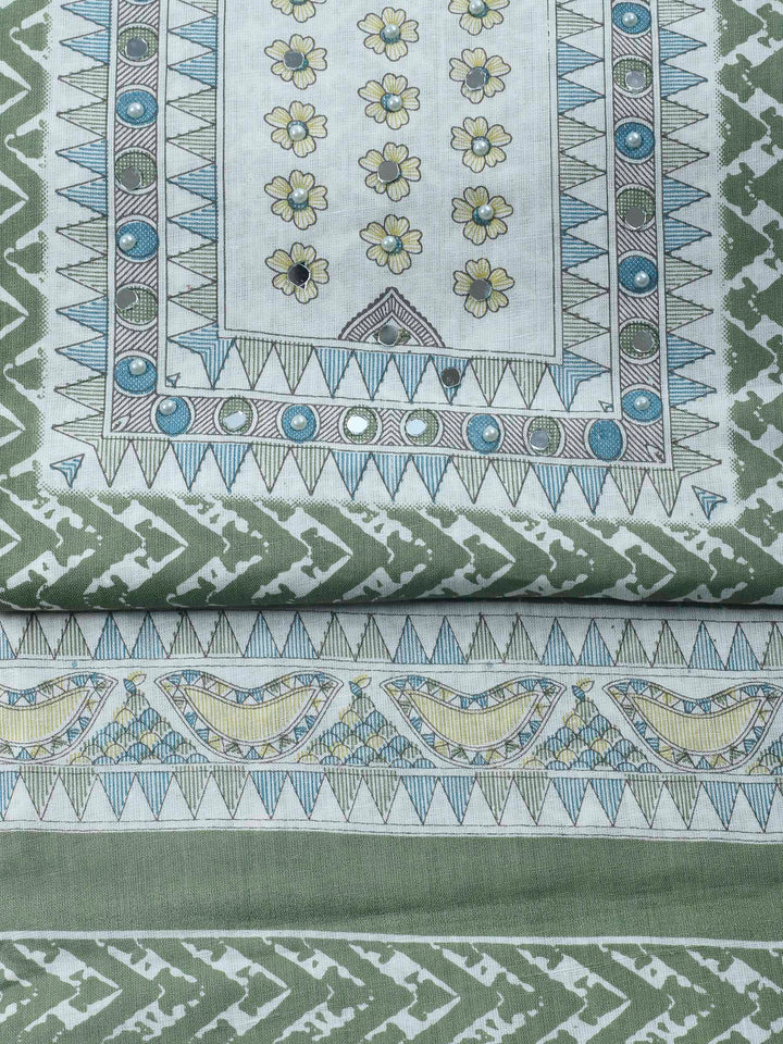 Pista Green Printed Cotton Blend Unstitched Suit &amp; Pant With Cotton Dupatta