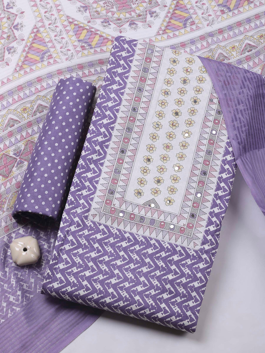 Purple Printed Cotton Blend Unstitched Dress Material