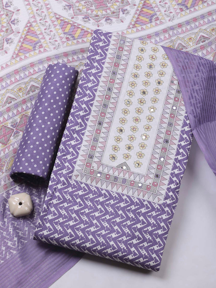 Purple Printed Cotton Blend Unstitched Dress Material