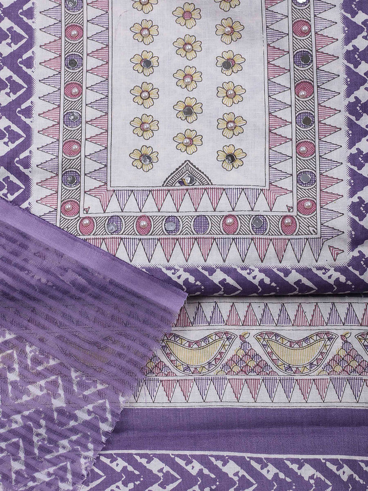 Purple Printed Cotton Blend Unstitched Dress Material