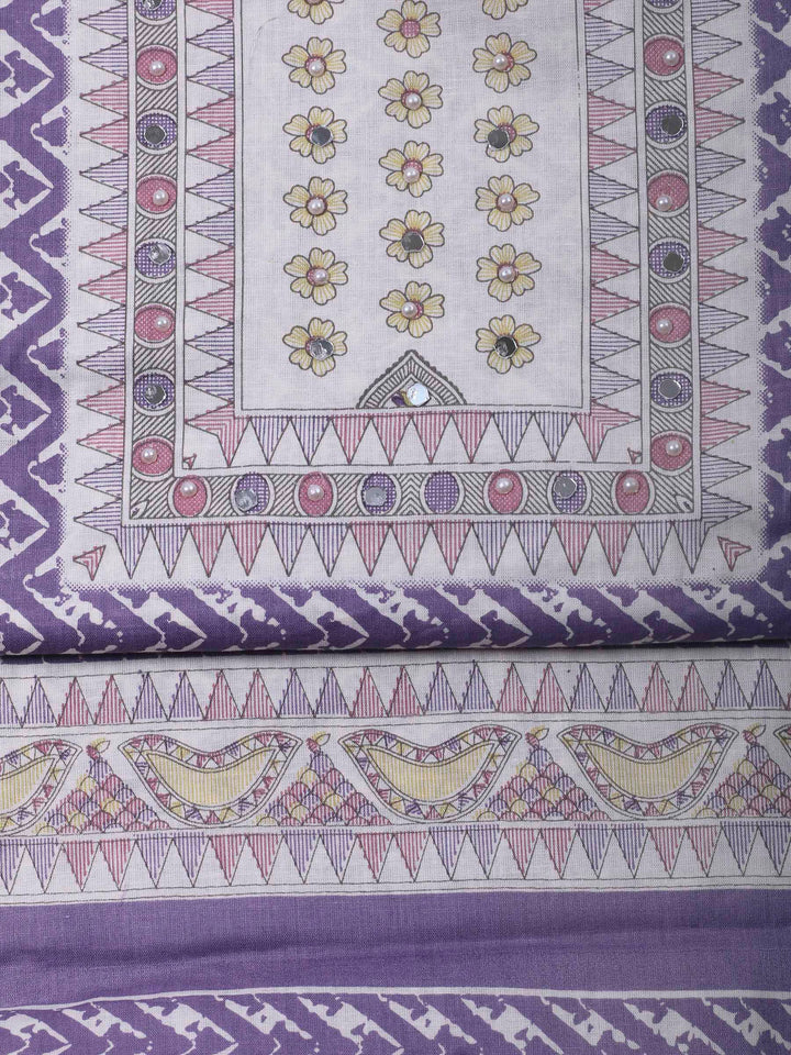 Purple Printed Cotton Blend Unstitched Dress Material