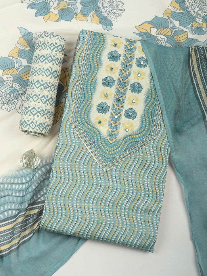 Grey Printed Cotton Blend Unstitched Dress Material