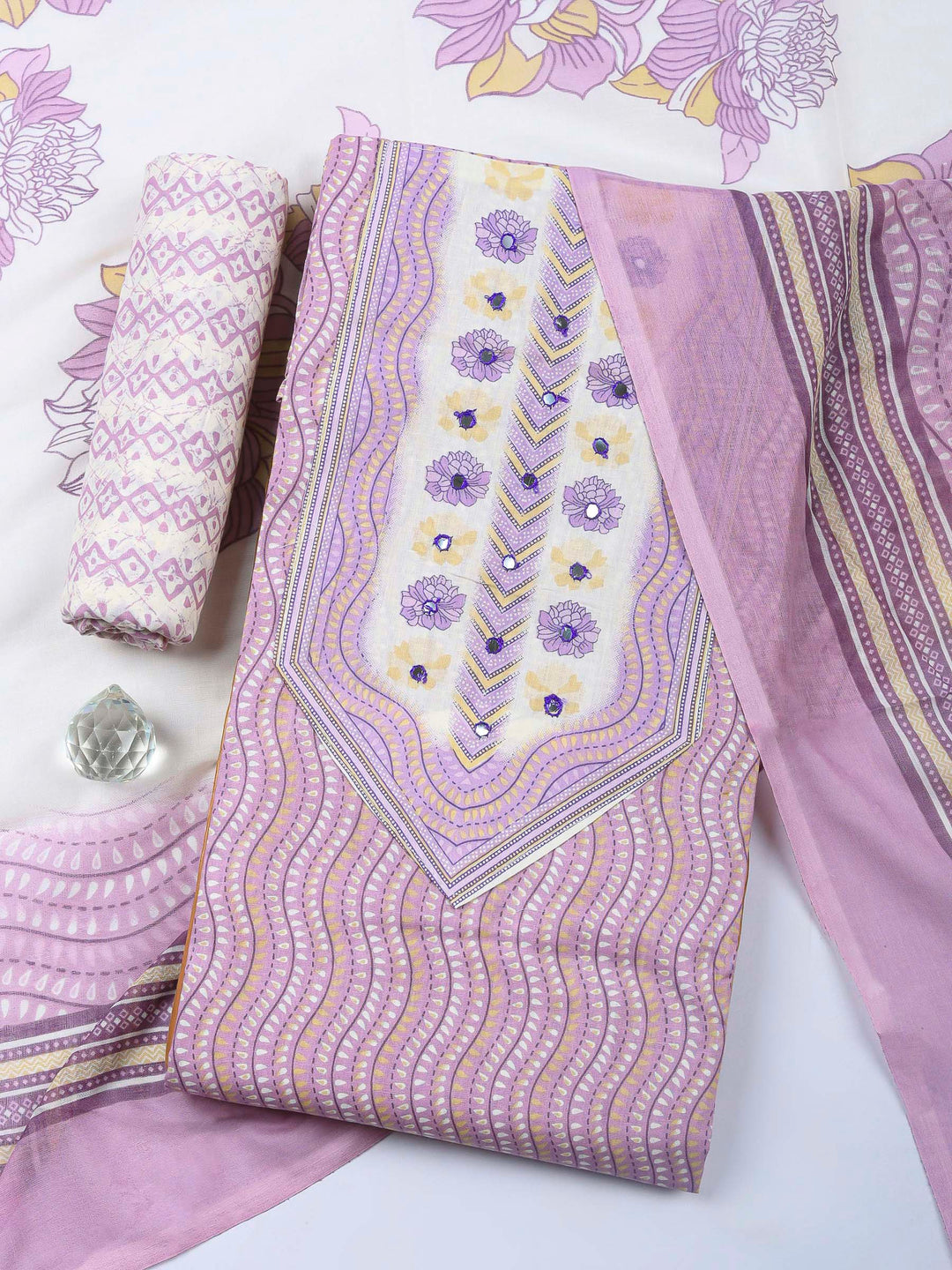 Mauve Printed Cotton Blend Unstitched Dress Material