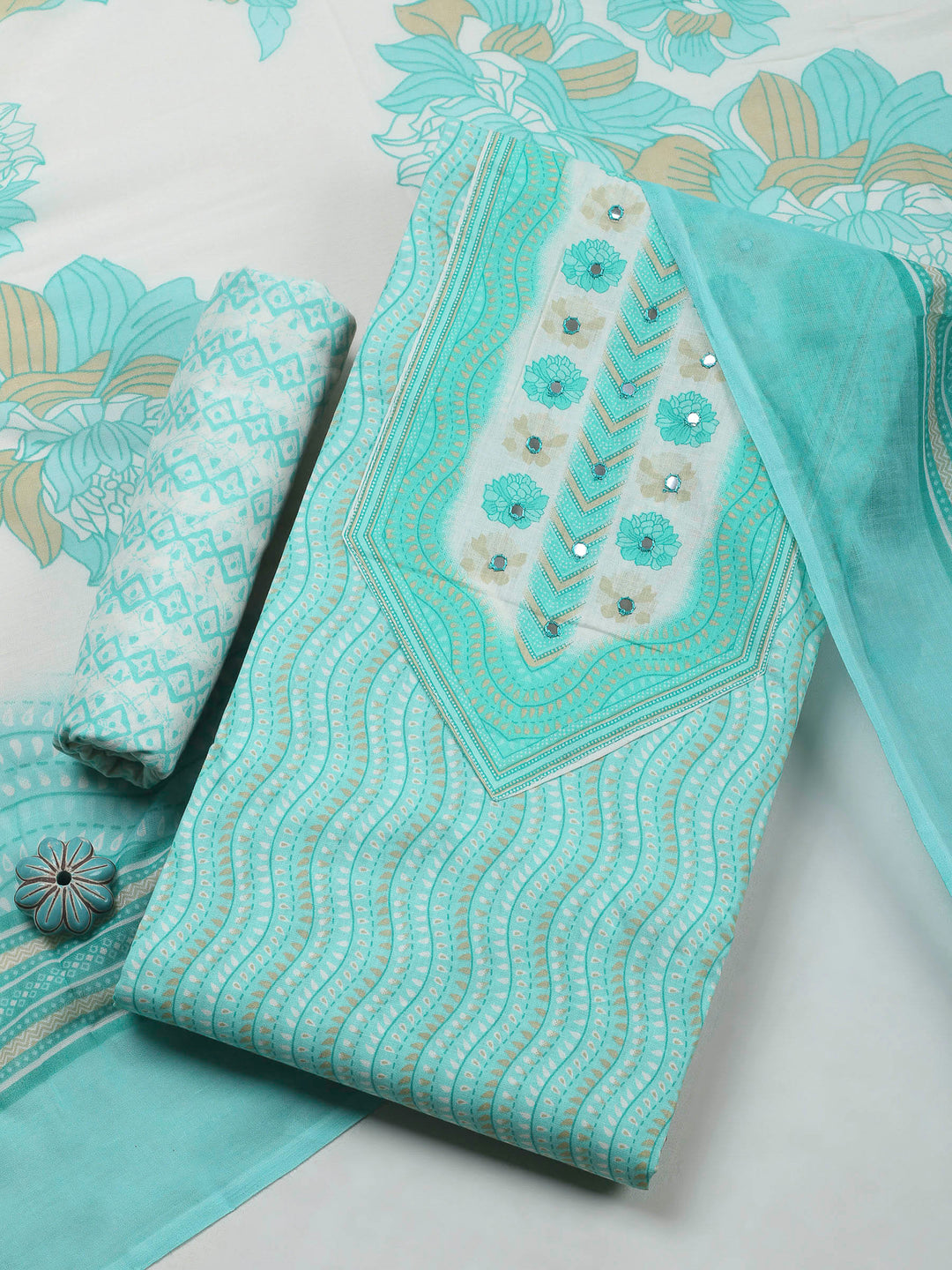 Sea Green Printed Cotton Blend Unstitched Dress Material