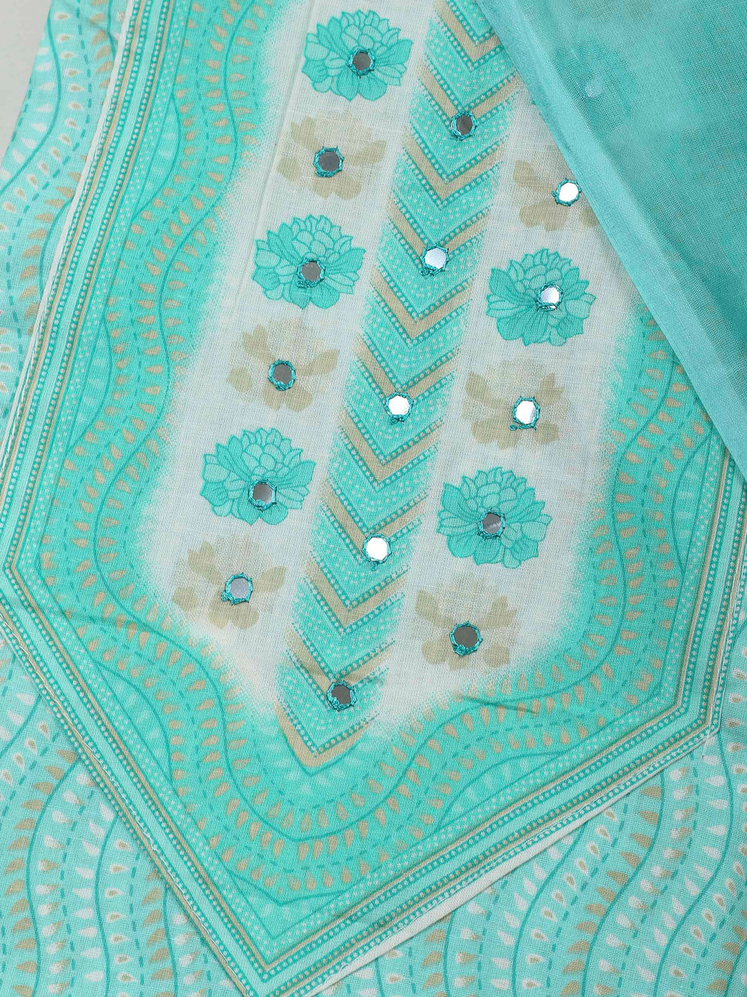 Sea Green Printed Cotton Blend Unstitched Dress Material