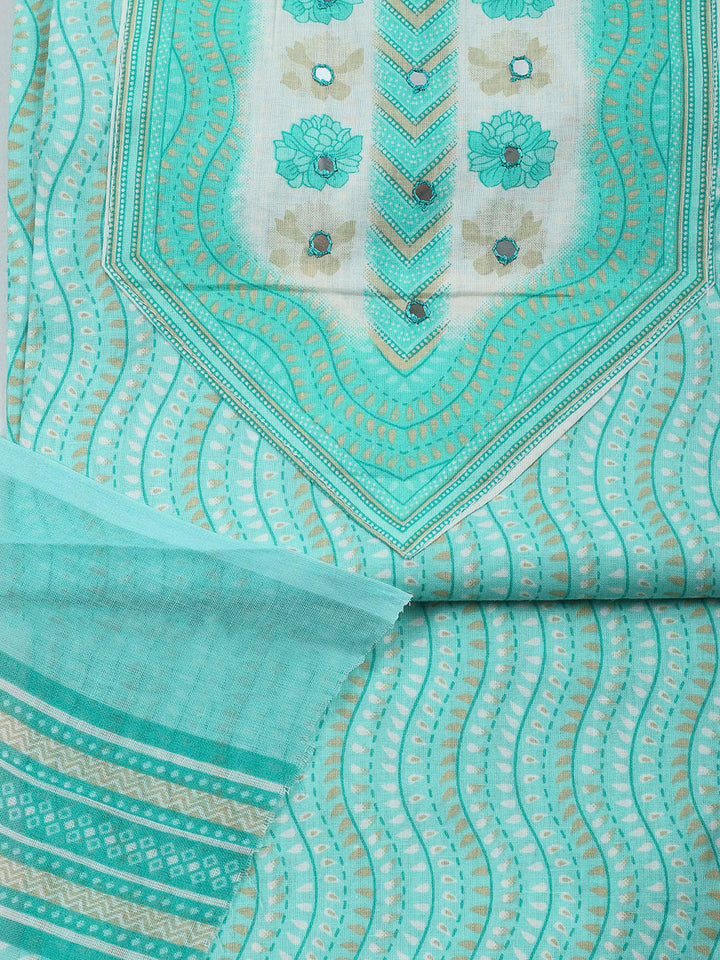 Sea Green Printed Cotton Blend Unstitched Dress Material