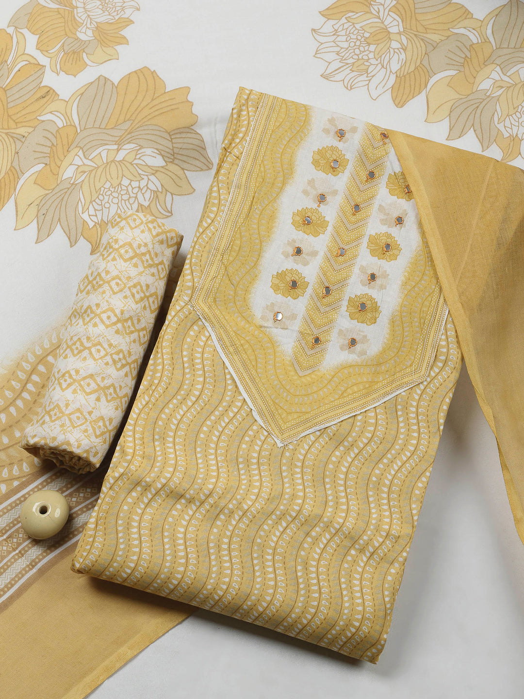 Yellow Printed Cotton Blend Unstitched Dress Material